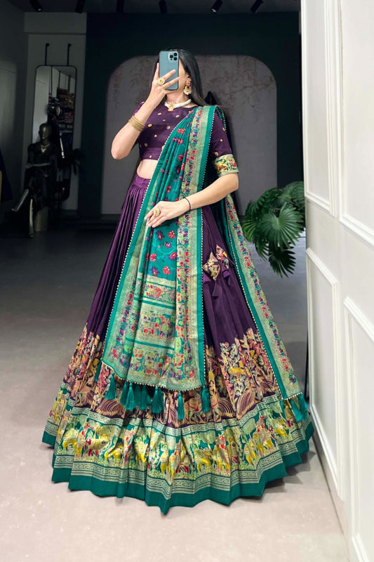 Purple Turquoise Illustrated Border Statement Dupatta Lehenga