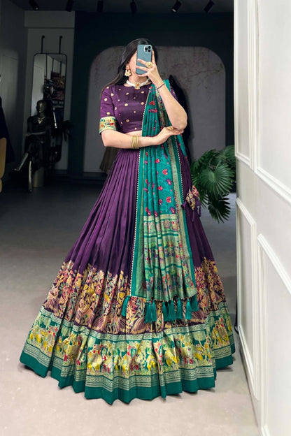 Purple Turquoise Illustrated Border Statement Dupatta Lehenga