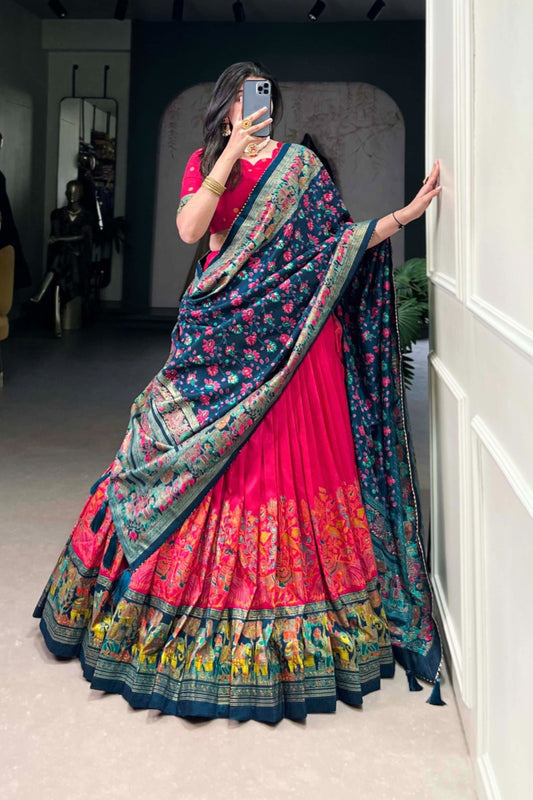 Magenta Teal Botanical Patola Woven Border Statement Dupatta Lehenga Set