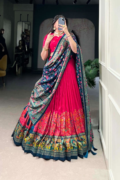 Magenta Teal Botanical Patola Woven Border Statement Dupatta Lehenga Set