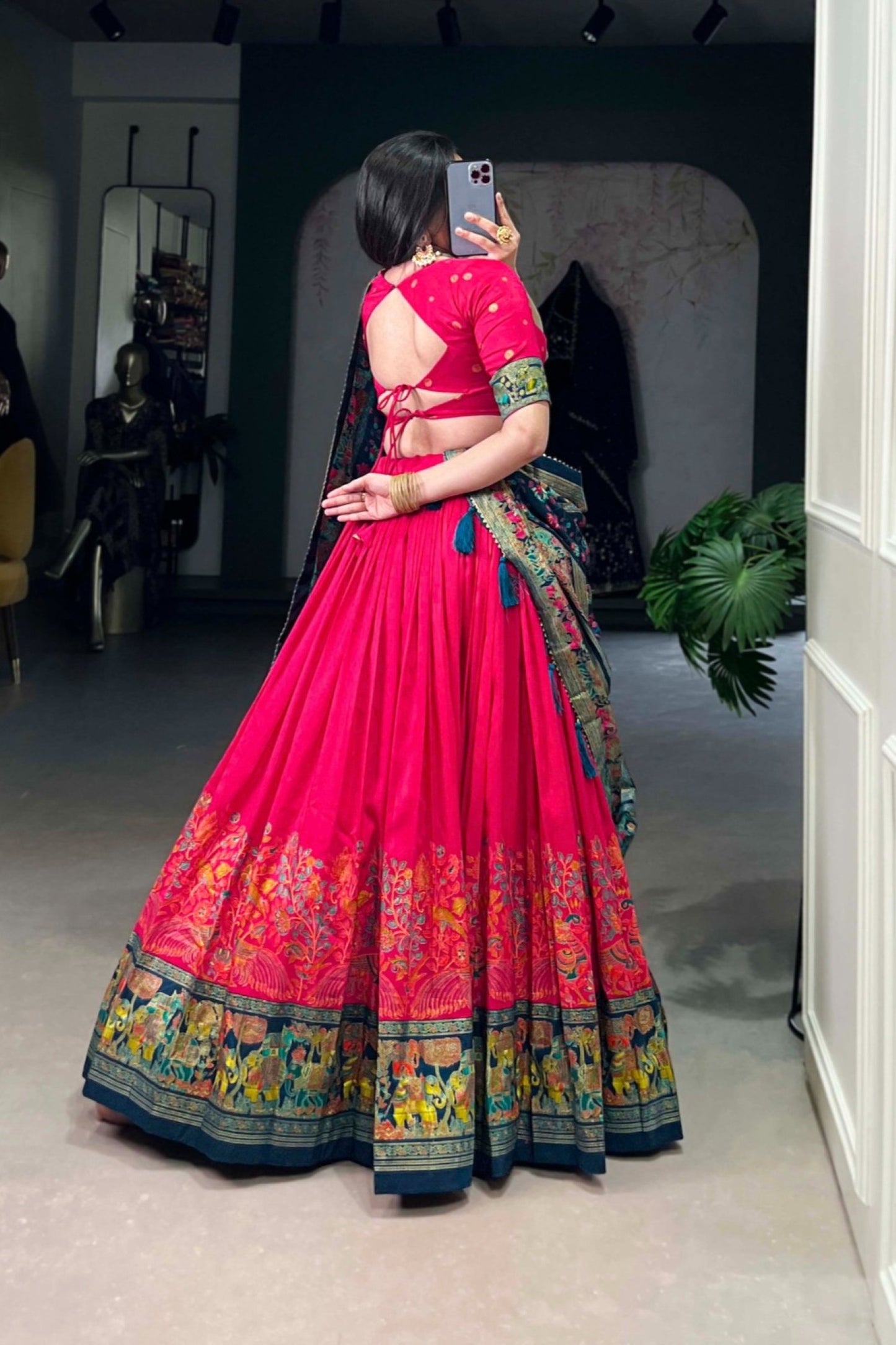 Magenta Teal Botanical Patola Woven Border Statement Dupatta Lehenga Set