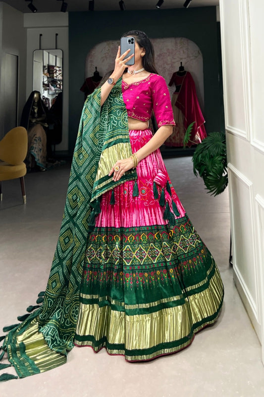 Pink Emerald Bandhani Golden Border Tassel Dupatta Lehenga Set