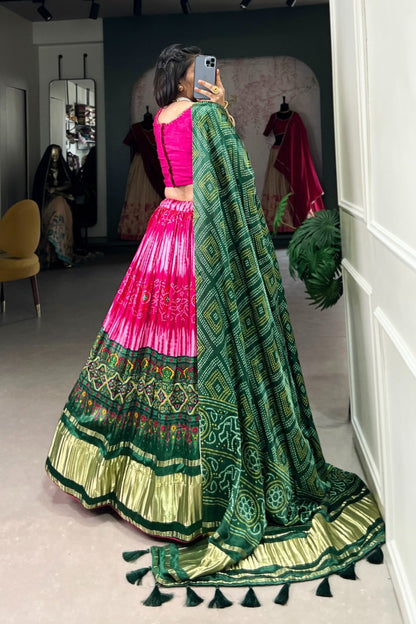 Pink Emerald Bandhani Golden Border Tassel Dupatta Lehenga Set