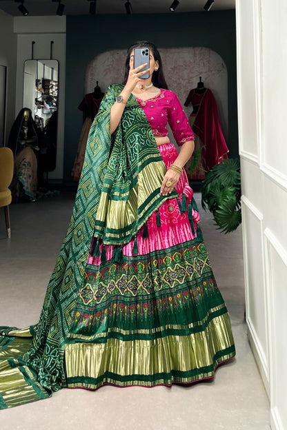Pink Emerald Bandhani Golden Border Tassel Dupatta Lehenga Set