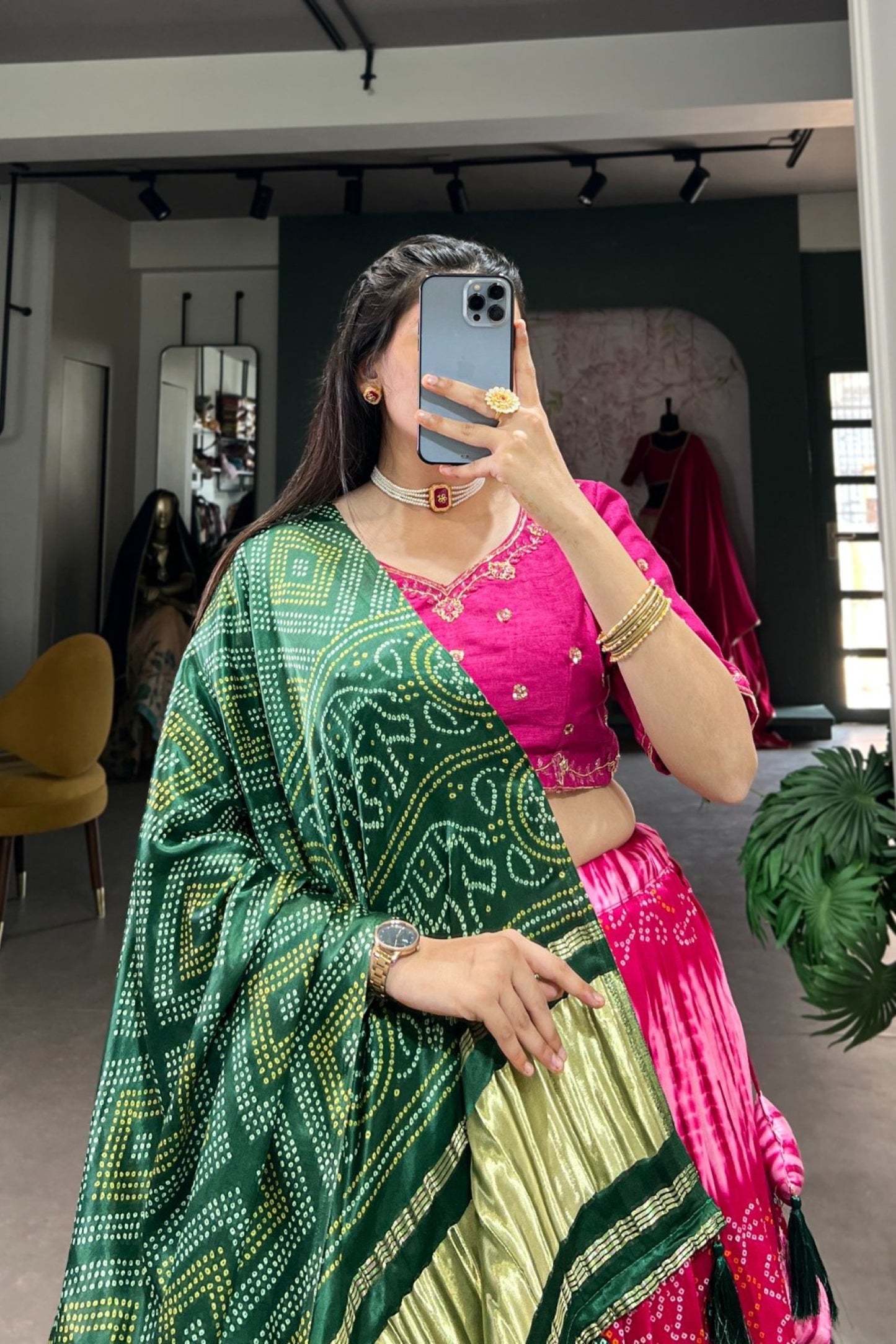 Pink Emerald Bandhani Golden Border Tassel Dupatta Lehenga Set