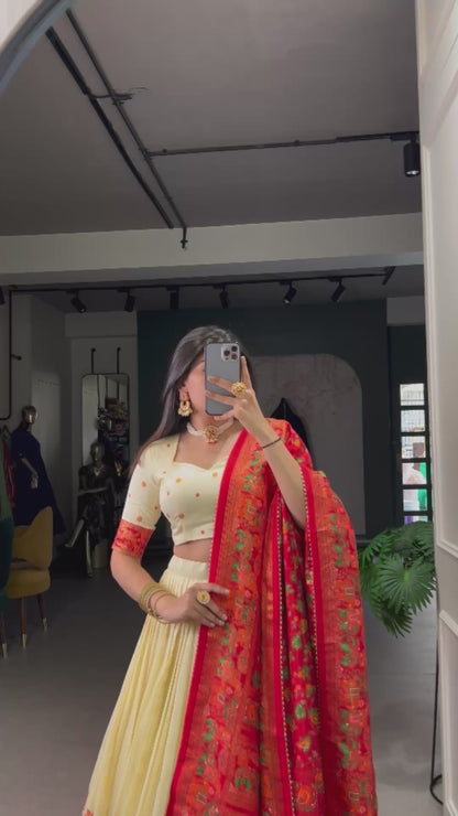 Ivory Red Botanical Border Dupatta Contrast Lehenga Set