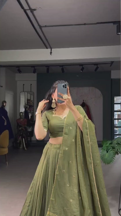 Olive Enchantment Gold-Bordered Pleated Lehenga Set