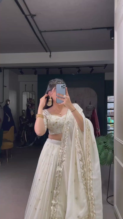 Ivory Pearl Embroidered Heritage Lehenga with Gold Border