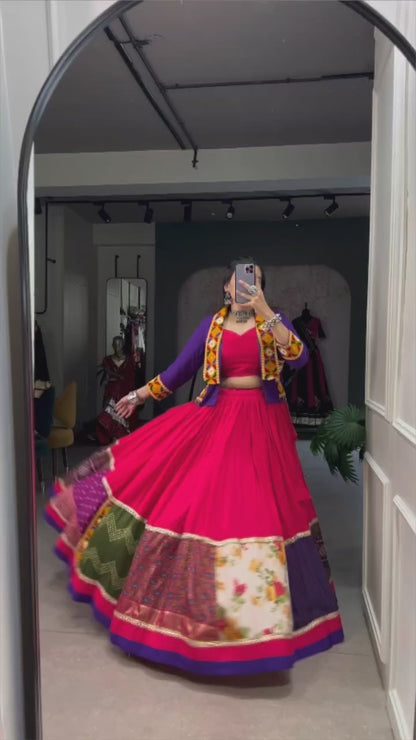 Fuchsia Patchwork Border Purple Jacket Lehenga Set